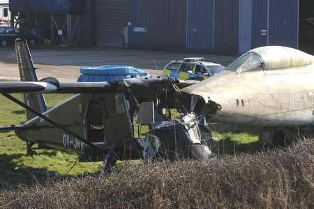 WRECKED: The plane smashed into a static vintage aircraft. Picture: GRANT FALVEY