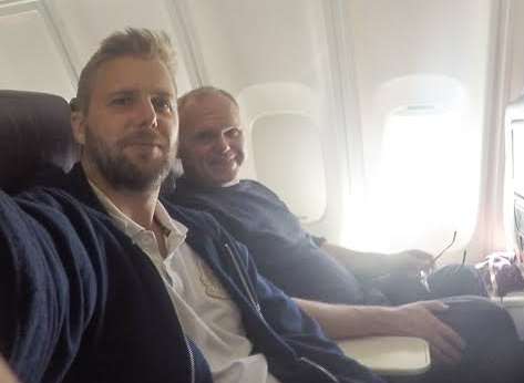 James Roberts on a flight from Gatwick with hypnotherapist Jason O'Callaghan. Picture: SWNS