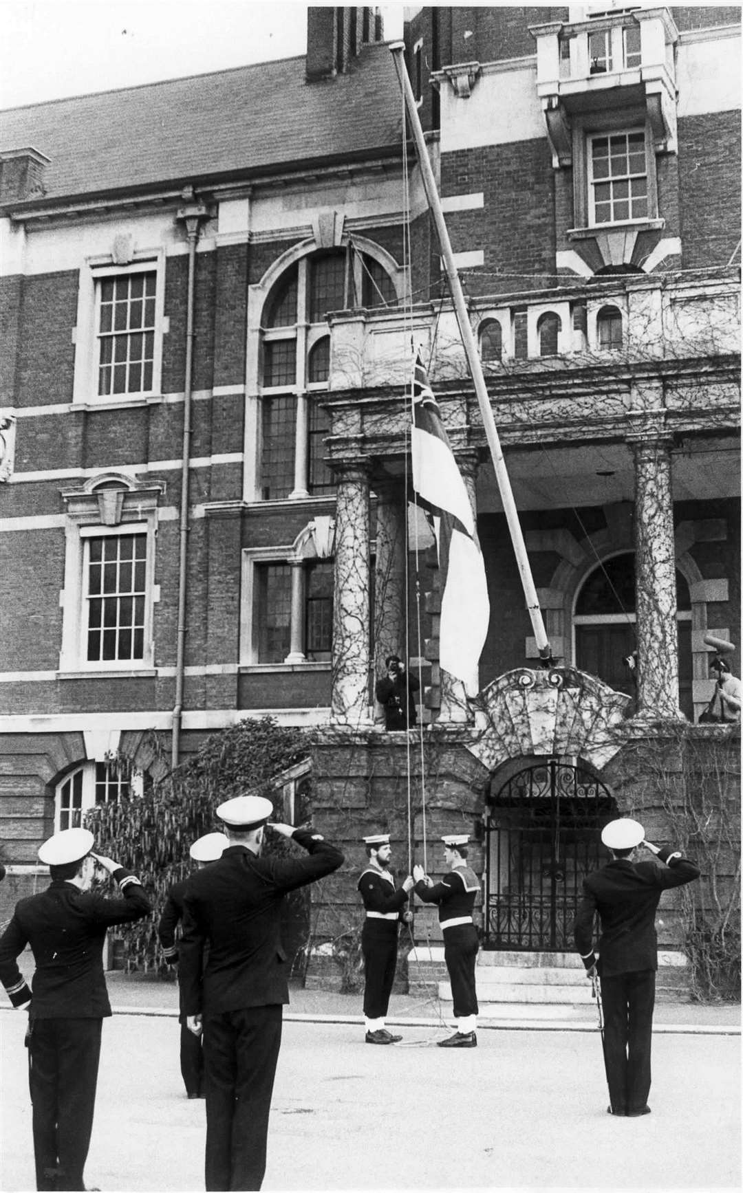 History was made in Chatham on February 17, 1984, when the white ensign was lowered for the last time at HMS Pembroke, breaking the town's 437-year link with the Royal Navy