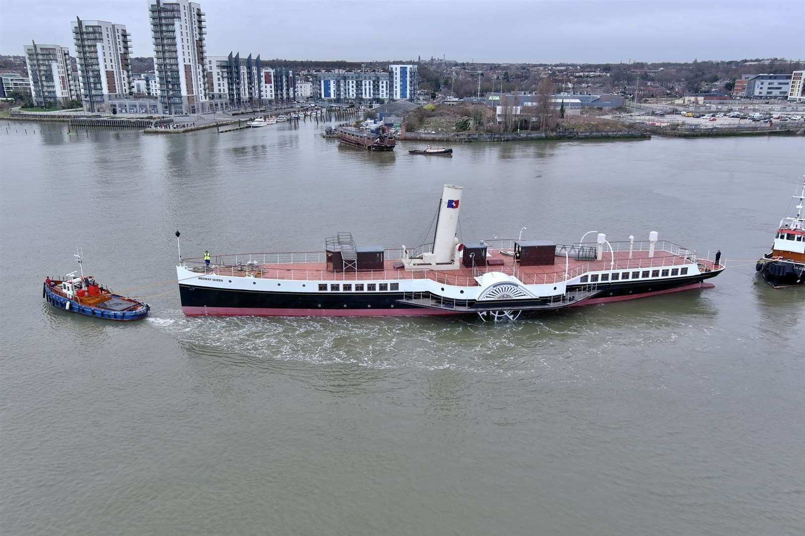 The Medway Queen returns to her base in Gillingham following her refit in Thanet Picture: Geoff Watkins - Aerial Imaging South East