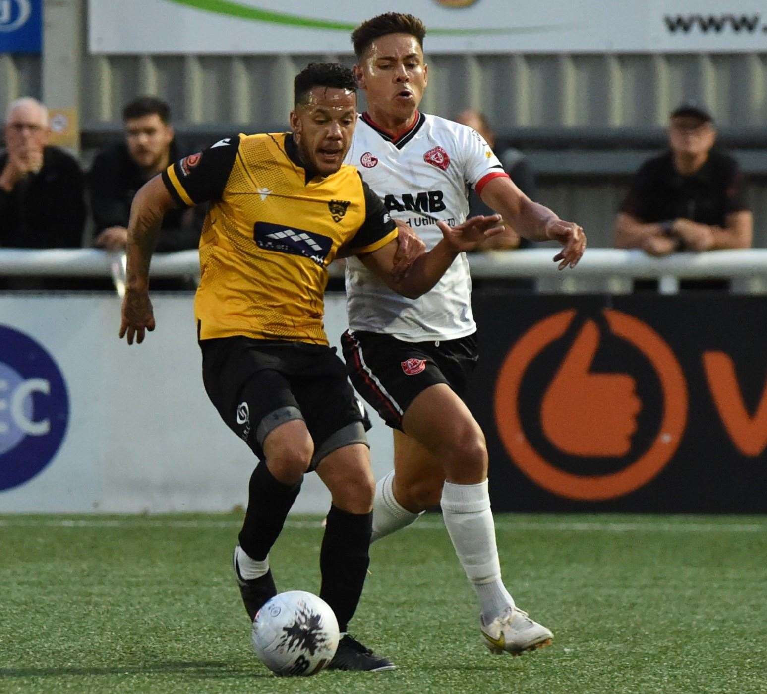 Maidstone are closed down by Chatham during Tuesday night’s goalless pre-season friendly at The Gallagher Picture: Steve Terrell