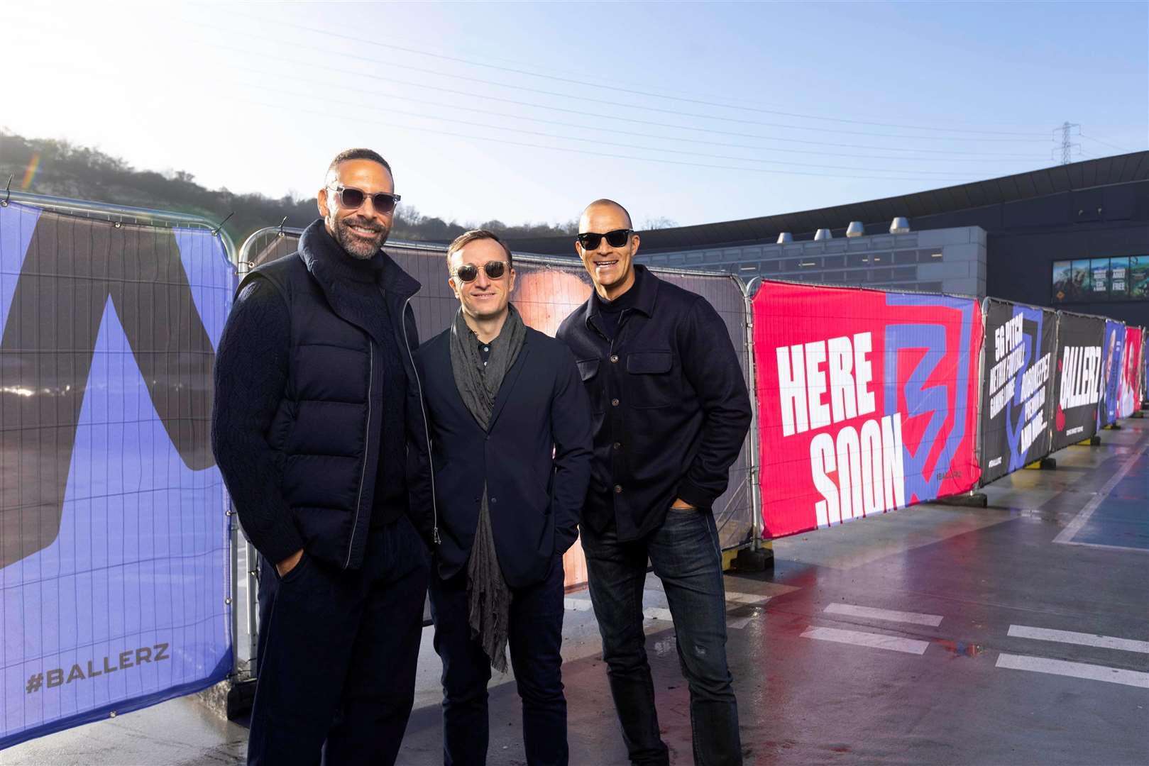 From left, Rio Ferdinand, Mark Noble and Bobby Zamora as construction gets under way on the first Ballerz air dome. Picture: David Parry/PA Wire
