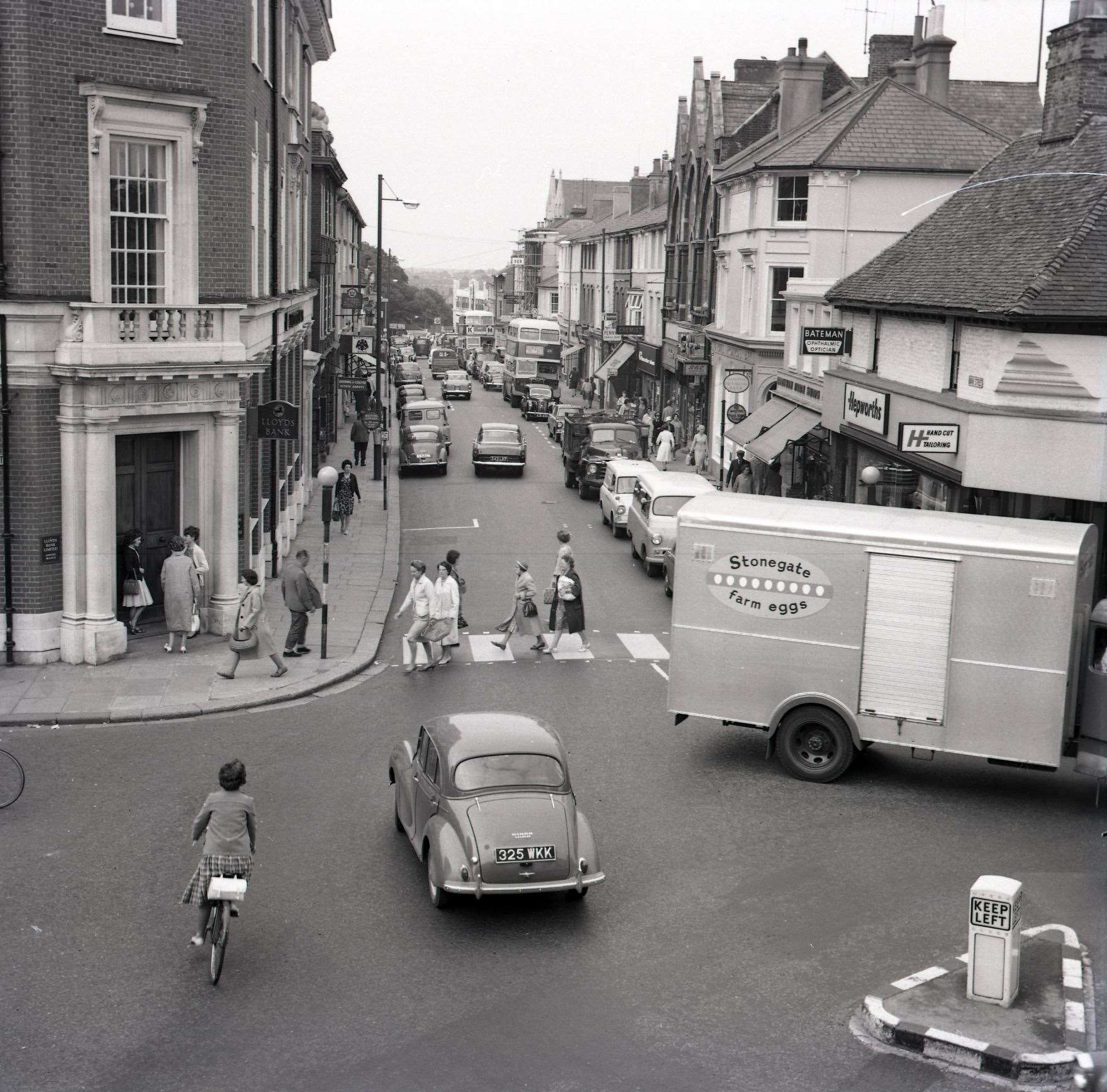 The Upper High Street junction with Bank Street in Ashford pictured in 1964 when traffic was still two-way and the street hadn’t been pedestrianised