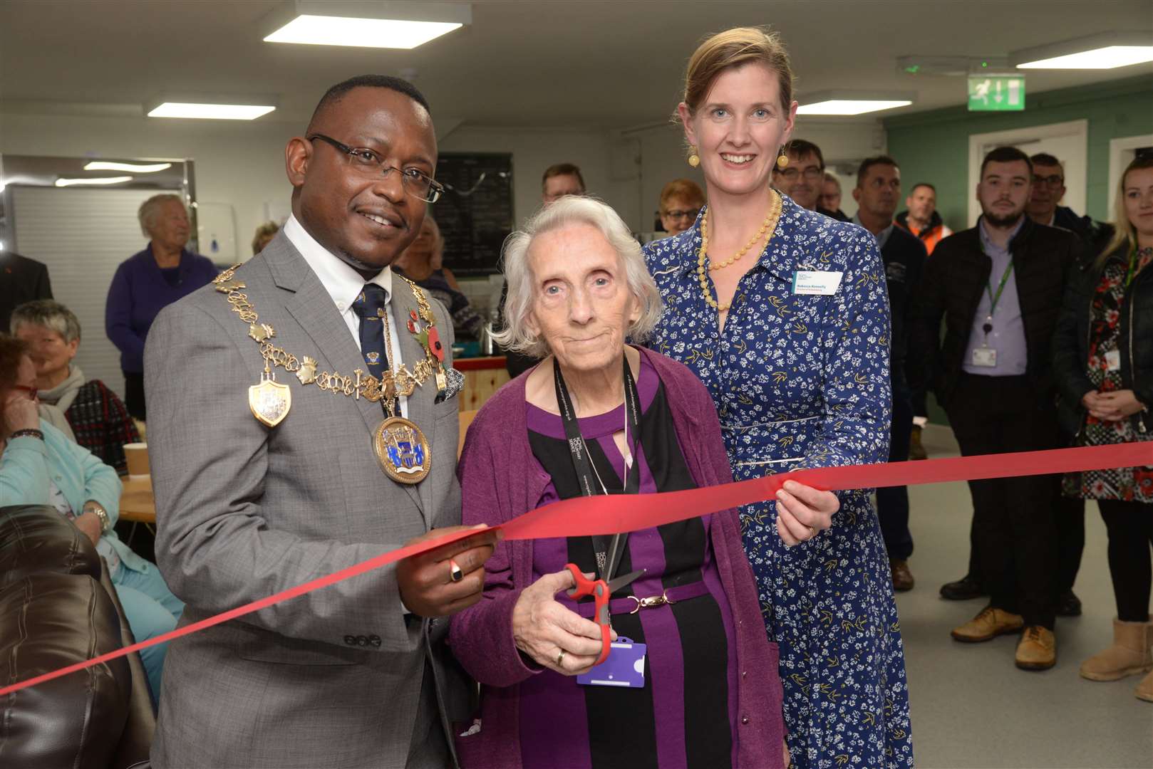 Mayor of Medway Cllr Habib Tejan, Lillian Lyons and Rebecca Kennelly, Director of Volunteering at the opening of the RVS centre at the Victory Community Centre in Brompton Hill on Tuesday. Picture: Chris Davey. (21479936)