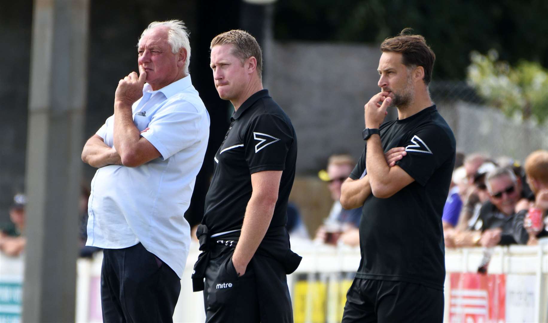 Player-coach Micheal Everitt, far right, and Roland Edge, centre, took charge of Folkestone for the first time - making a winning start - after long-serving boss Neil Cugley stood down this week. Picture: Barry Goodwin