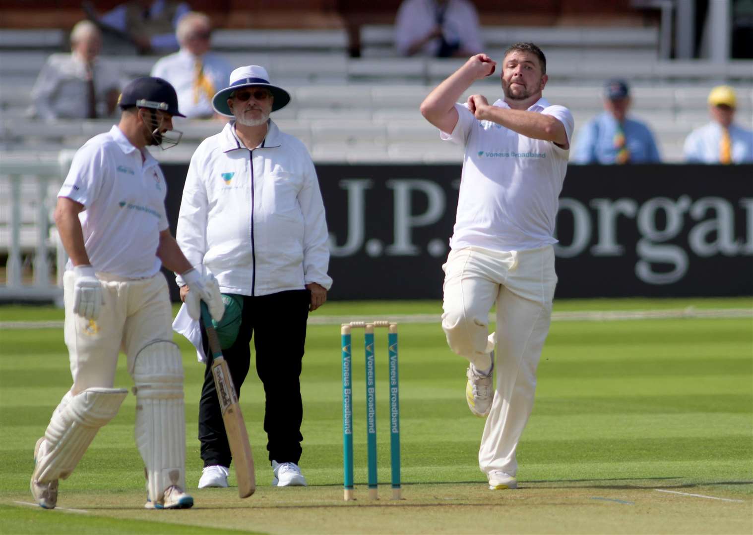 Neil Dibben impressed with the ball for Leeds & Broomfield at the start of Milford Hall’s innings. Picture: Barry Goodwin