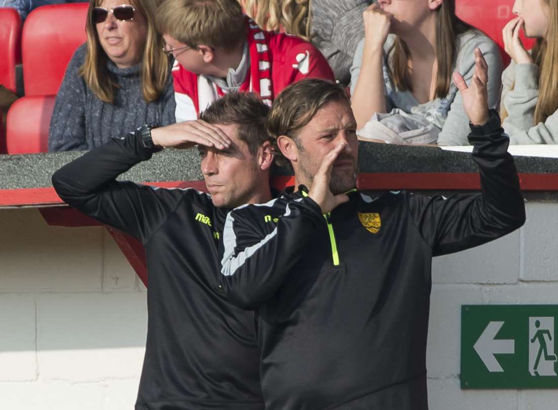 Maidstone boss Jay Saunders, right, alongside No.2 Nicky Southall on the touchline at Ebbsfleet Picture: Andy Payton