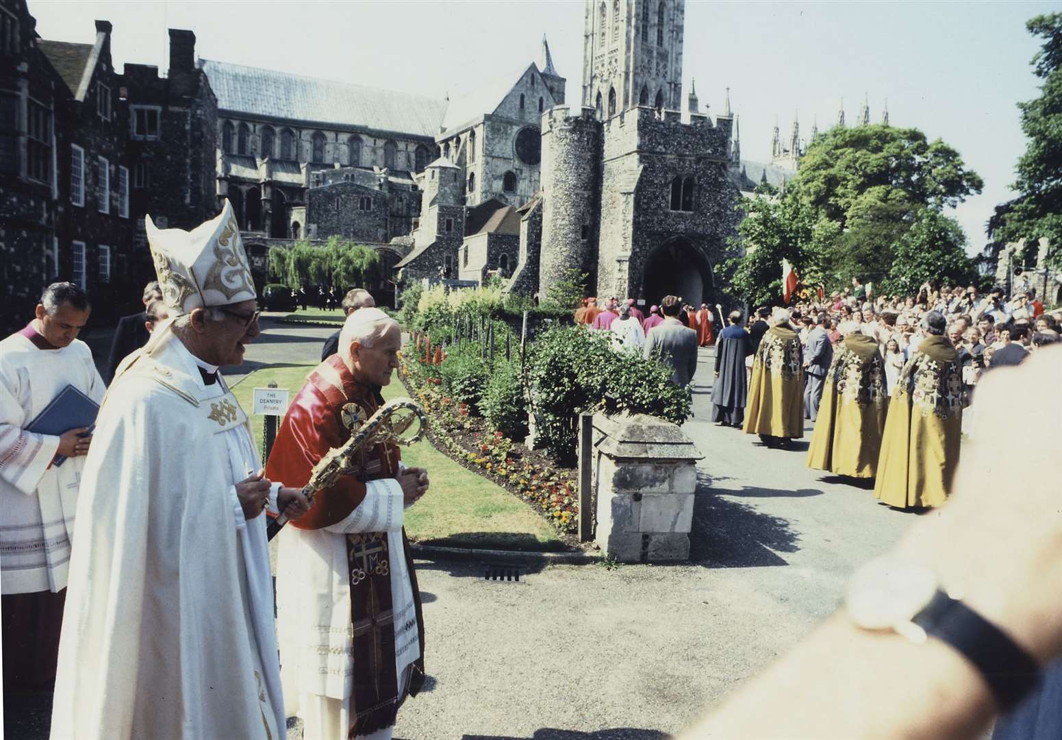 The Pope escorted by the then Archbishop of Canterbury, Dr Robert Runcie, on May 29, 1982