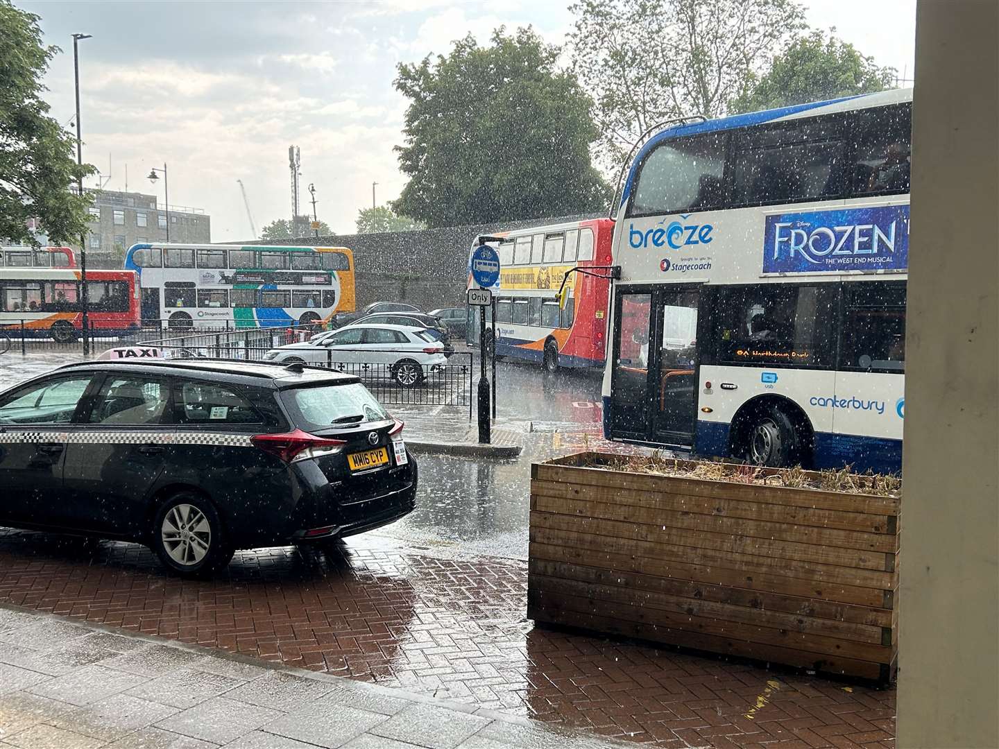Heavy rain at Canterbury bus station on Monday morning