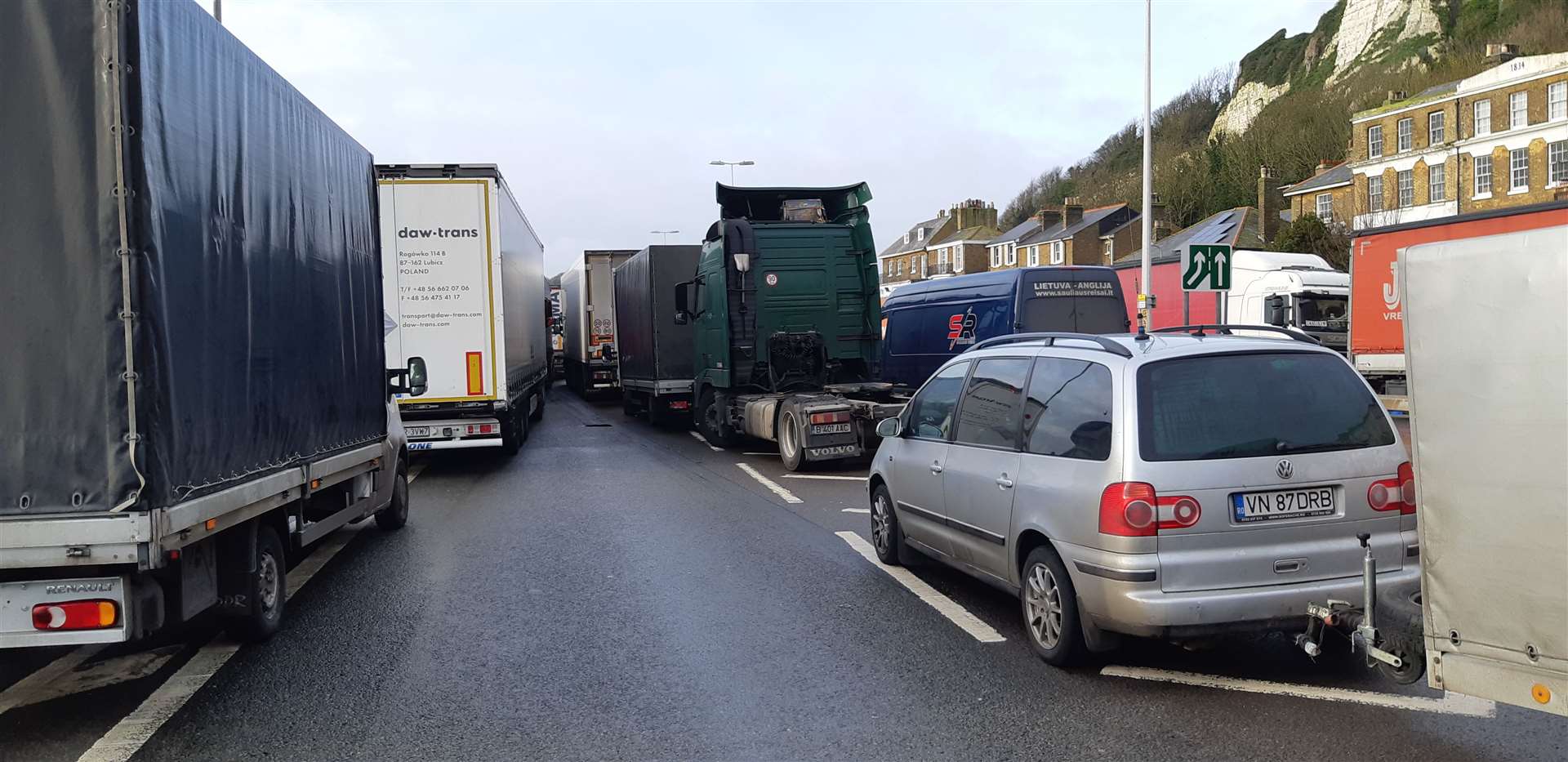 Cross-Channel vehicles at a standstill in Dover, December 22, 2020