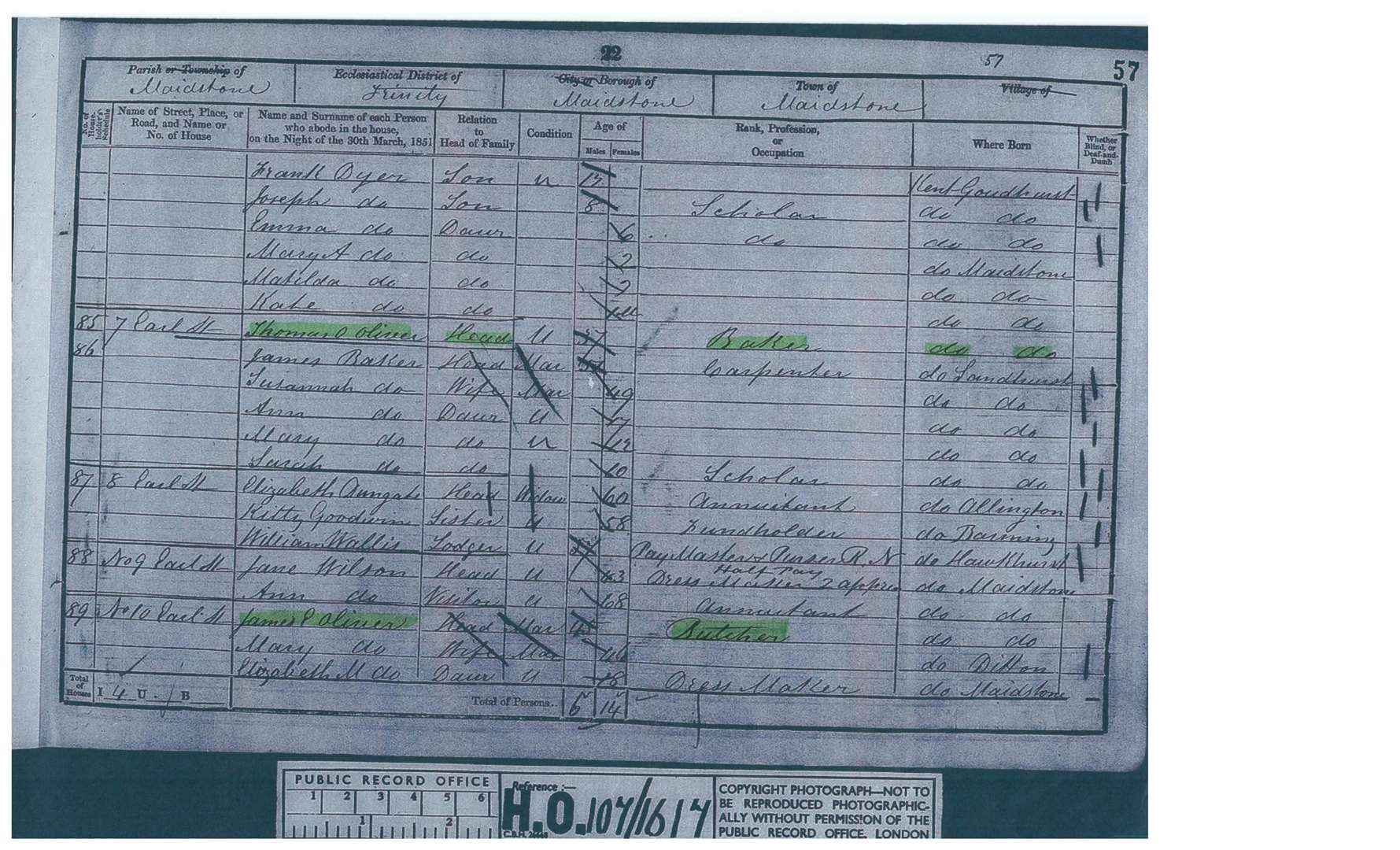 The 1850 census return for Earl Street in Maidstone
