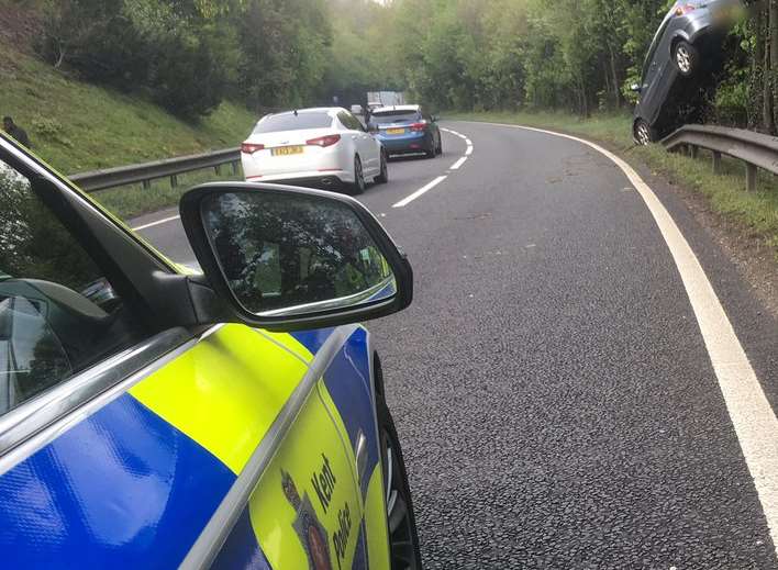 Car ends up a tree on the A249. Picture: Kent Police Roads
