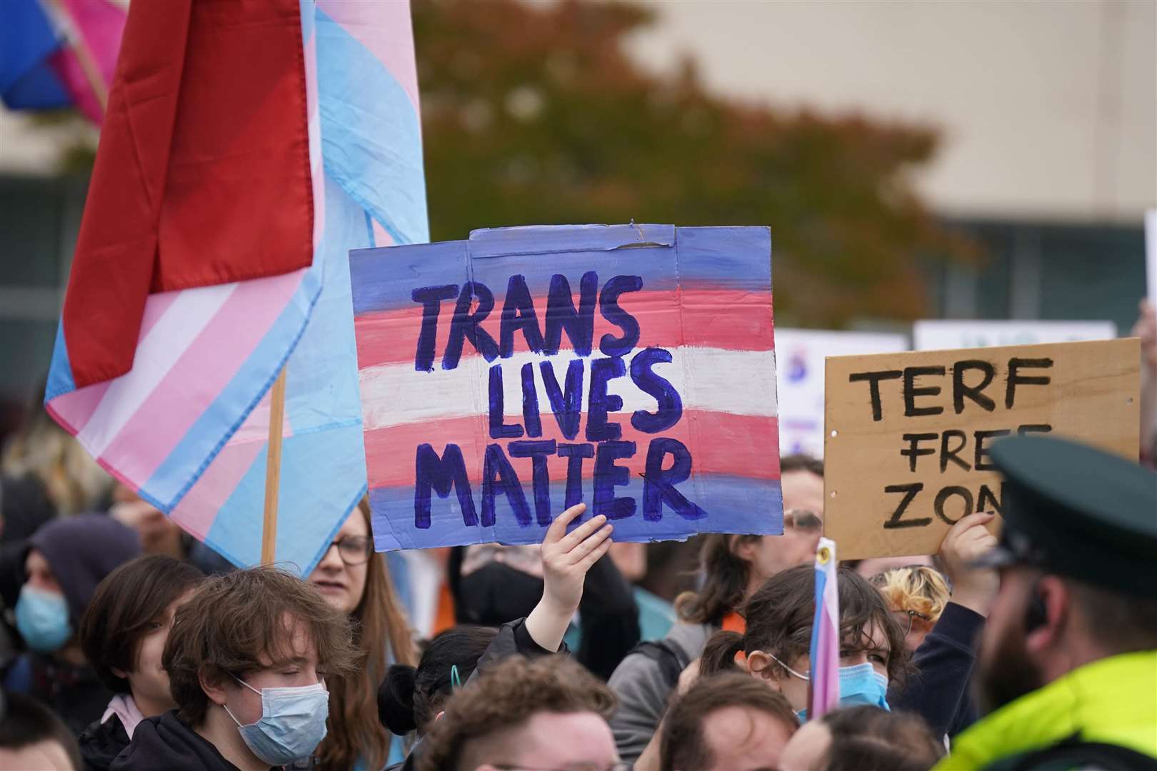 Trans rights protesters attended a counter rally against the Let Women Speak event in Belfast (Niall Carson/PA)