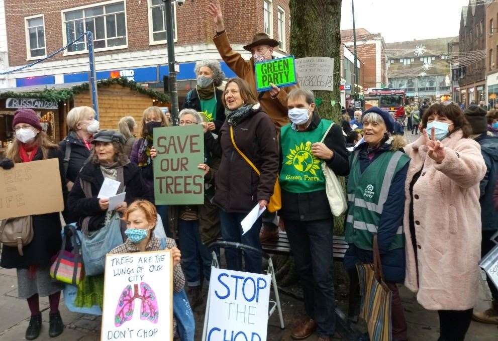 Campaigners gather to protest plans to ut mature trees down in the high street. Picture: Julie Wassmer