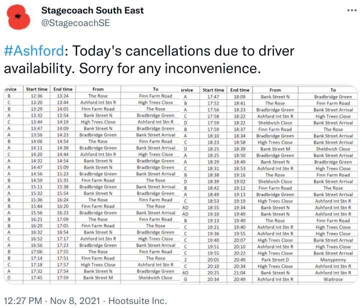 Tweets with long lists of cancelled buses have become the norm