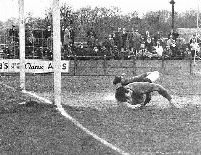 Bob Jeffery dives to save a shot during the Kent Senior Cup of 1966