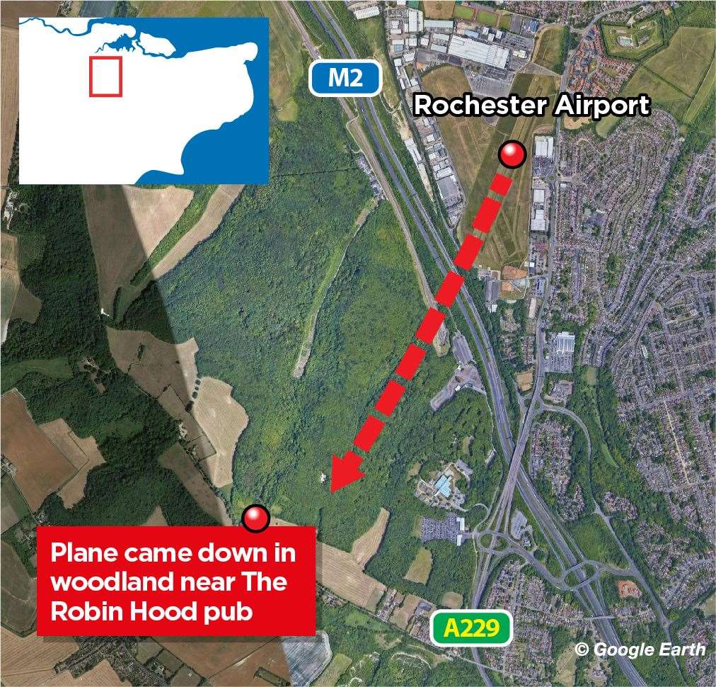 The route the plane took from Rochester Airport to woodland near the Robin Hood pub in Blue Bell Hill