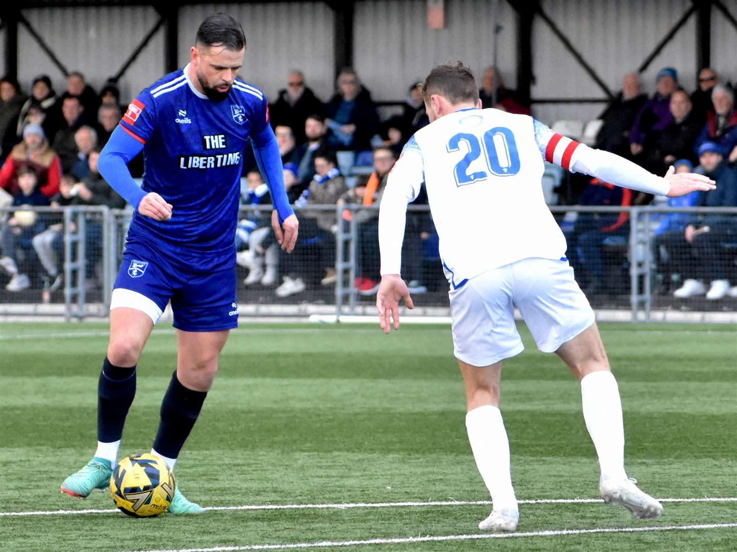 Margate's Ben Greenhalgh on the ball up against Enfield captain Mickey Parcell in the weekend 1-1 Isthmian Premier draw at Hartsdown Park. Picture: Randolph File