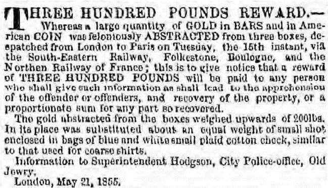 Newspaper coverage of the reward offered after bullion stolen from a train from London to Folkestone