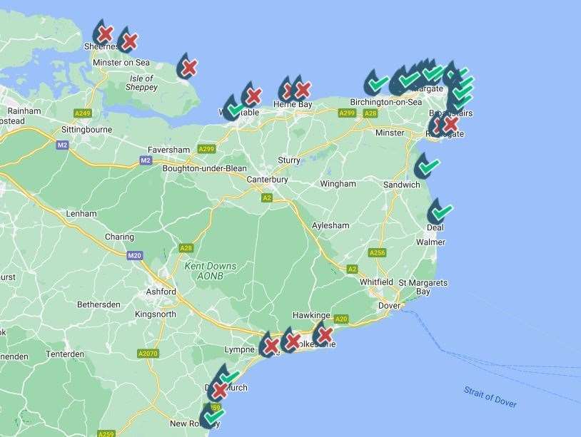 Kent beaches that have had sewage overflow discharged onto them in the last 48-hours. Picture: Surfers Against Sewage