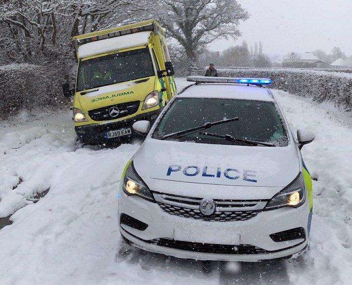 An ambulance stuck in the snowy conditions when the Beast from the East struck the county. Picture: Kent Police