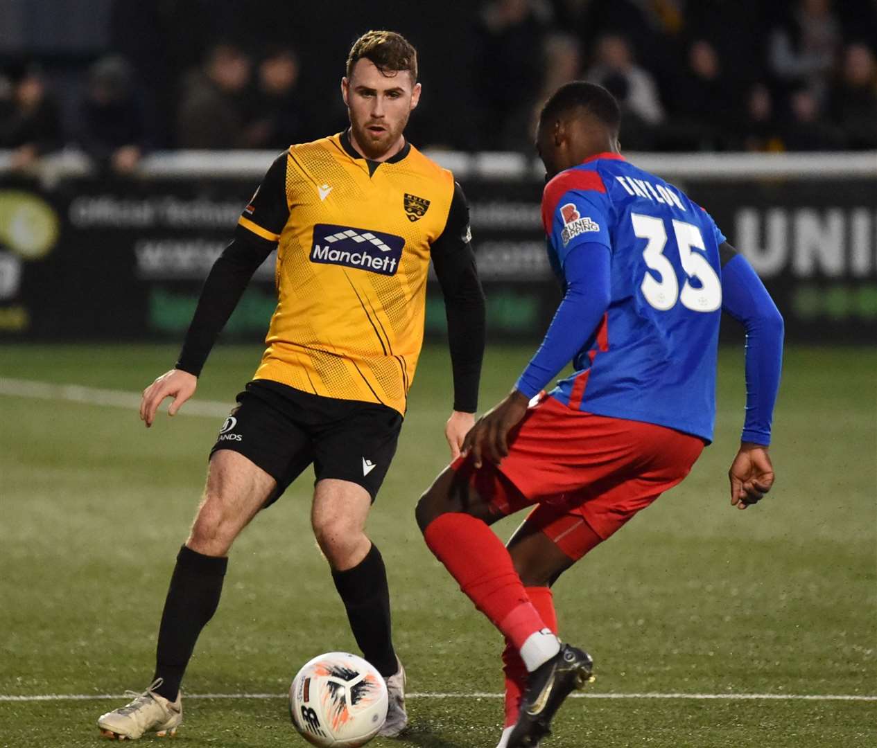 George Fowler in possession during Maidstone's 1-0 defeat by Dagenham on Monday. Picture: Steve Terrell