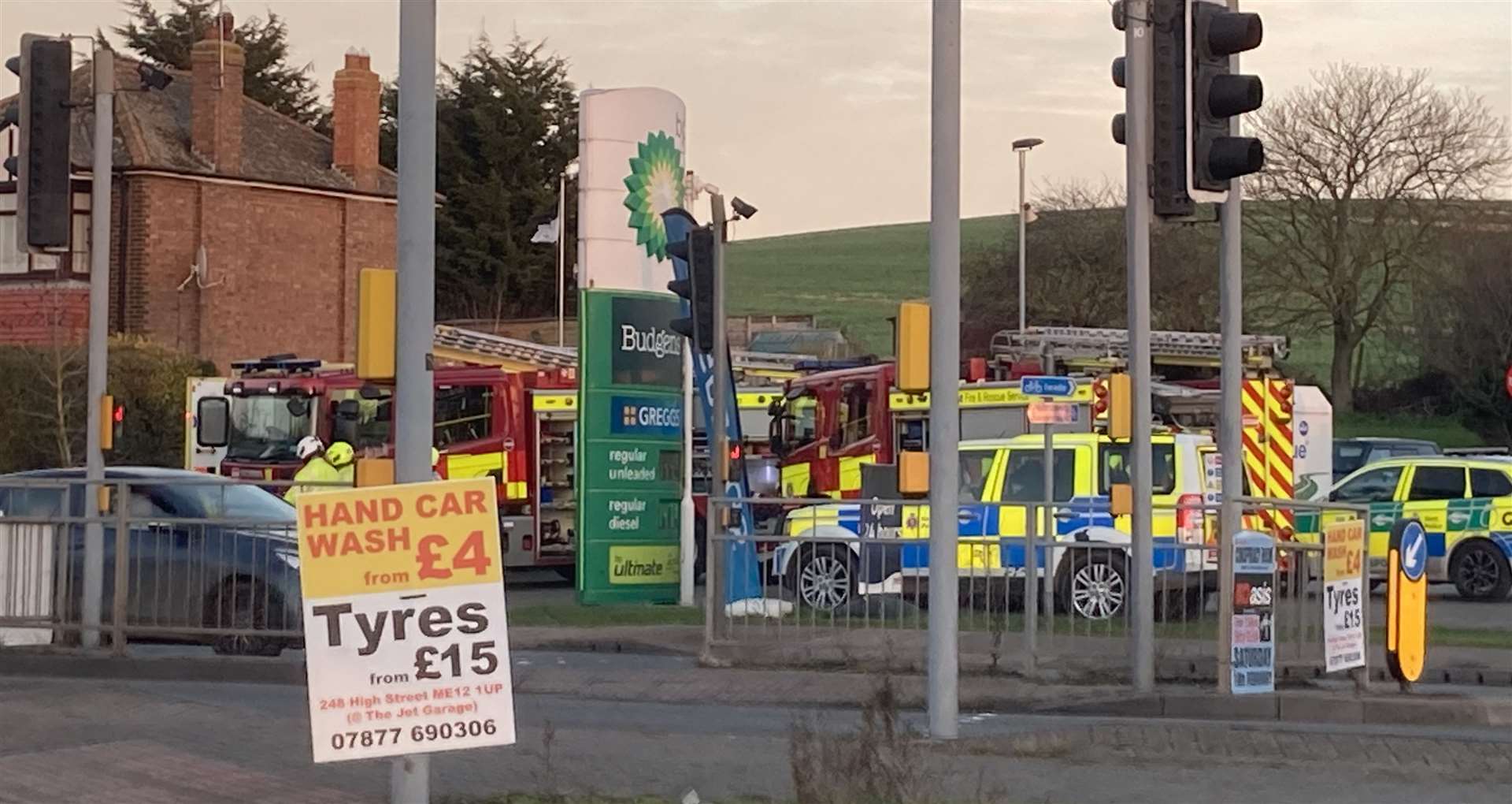 Emergency services at the BP garage at Queenborough Corner, Sheppey, on Sunday afternoon after a two-car crash