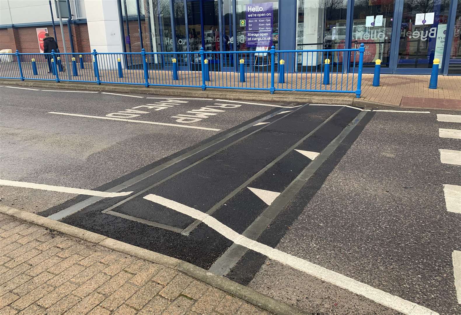 The speed bumps outside Curry's at Canterbury Retail Park before they were lowered