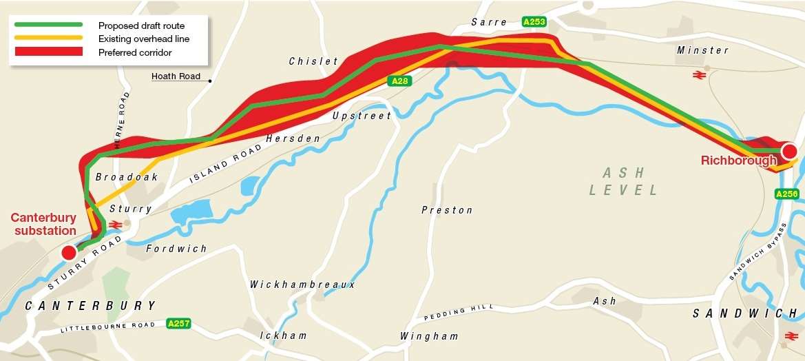 The new proposed route for the row of pylons from Canterbury to Richborough