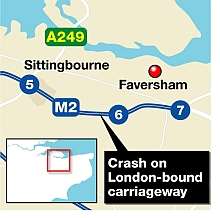 The three-car crash happened on the London-bound M2 between junctions 6 and 5. Graphic: Ashley Austen