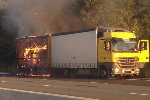 A lorry ablaze on the M25. Picture: @Kent_999s