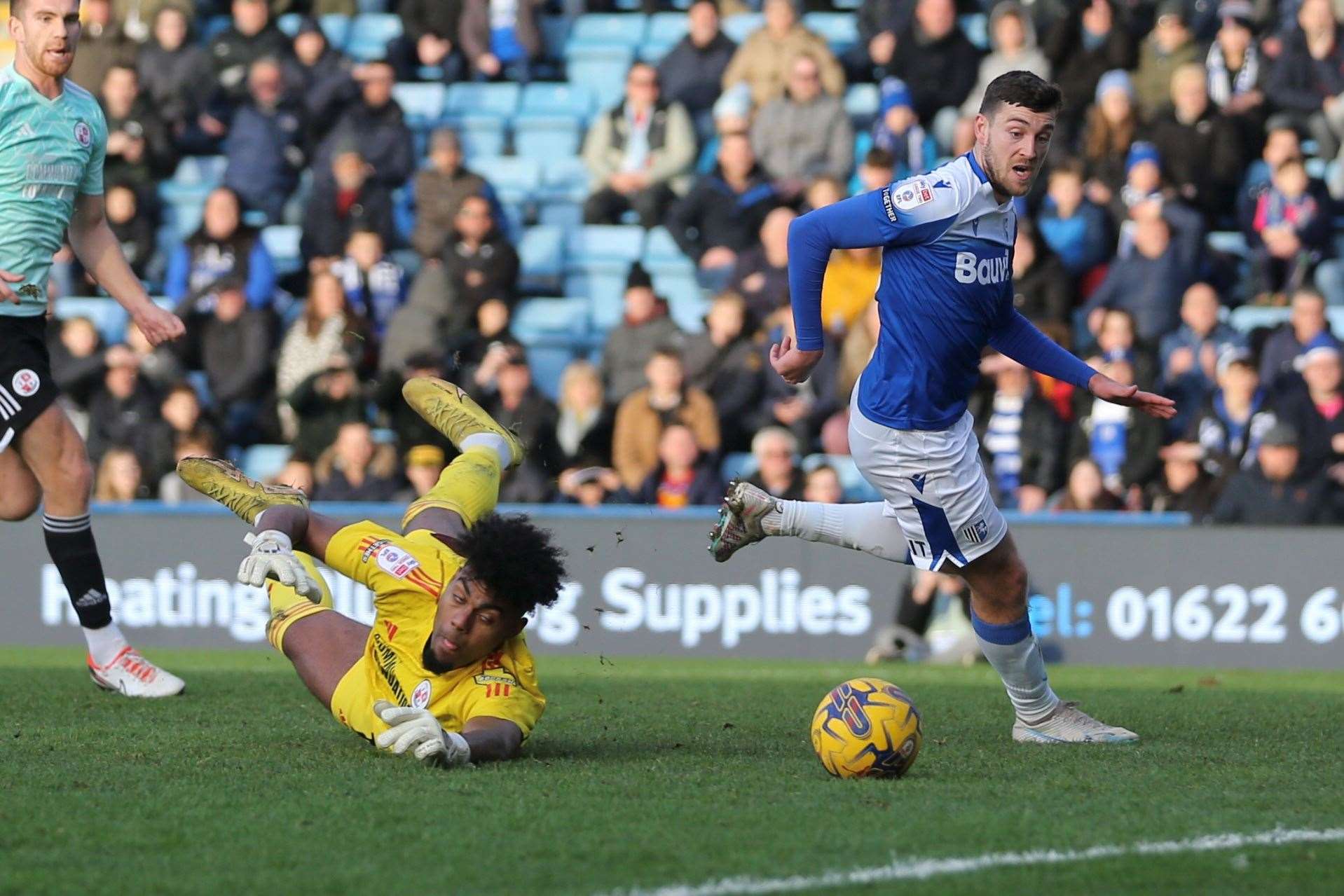 Gillingham's Ashley Nadesan with a chance against Crawley Picture: @Julian_KPI