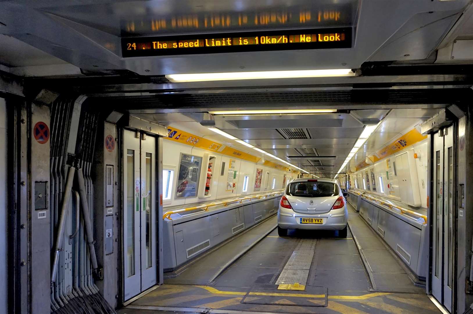 A car enters a Eurotunnel carriage at Folkestone on its way to France