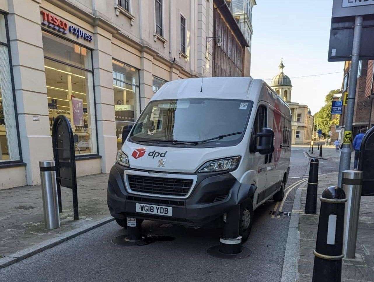 The DPD van caught out by the bollards last week. Picture: Graham Thurlow