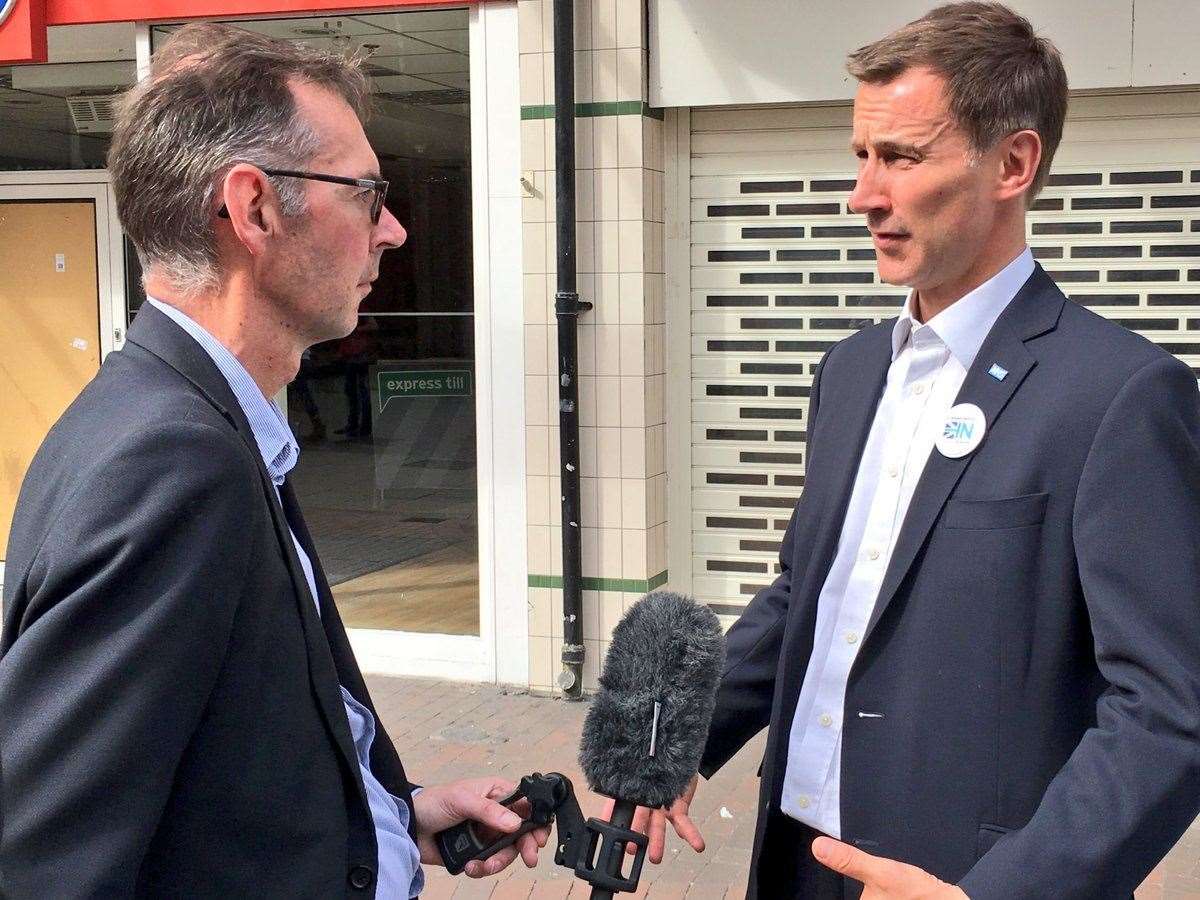 Health secretary Jeremy Hunt on a visit to Chatham High Street being interviewed by KM political editor Paul Francis for KMTV