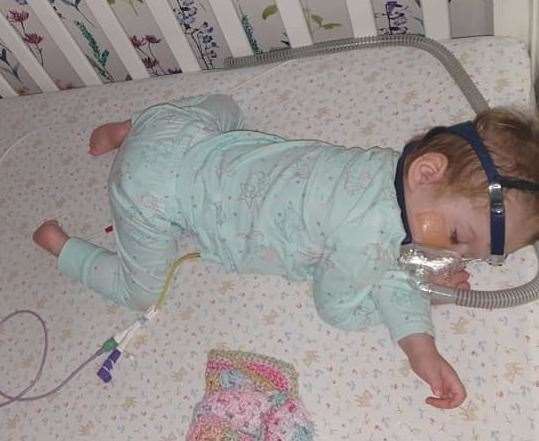 Elodie-Rose, fast asleep while on a ventilator. Picture: Tori Holland