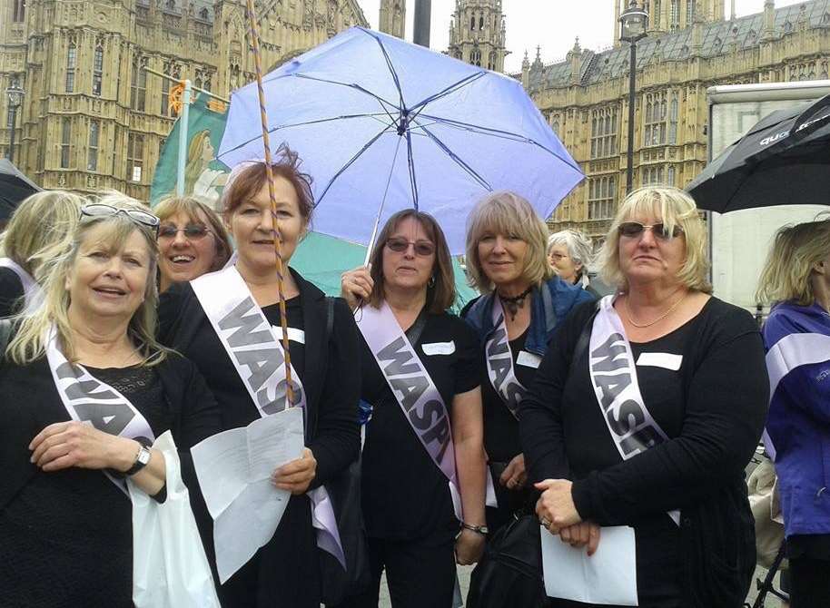 Dilys Lawler, second from right, with some of the campaigners from North West Kent Women Against State Pension Inequality outside Parliament.