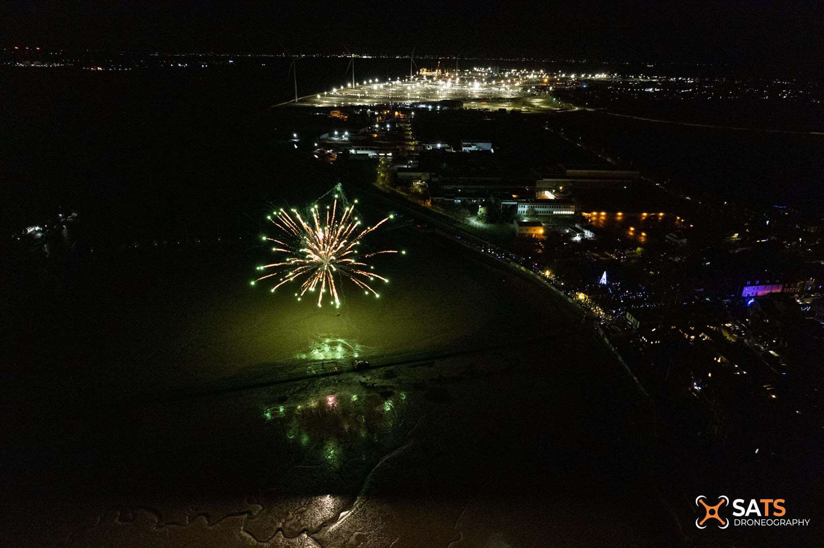 Fireworks over The Swale mark the finale of the Queenborough lantern parade. Picture: SATS Droneography