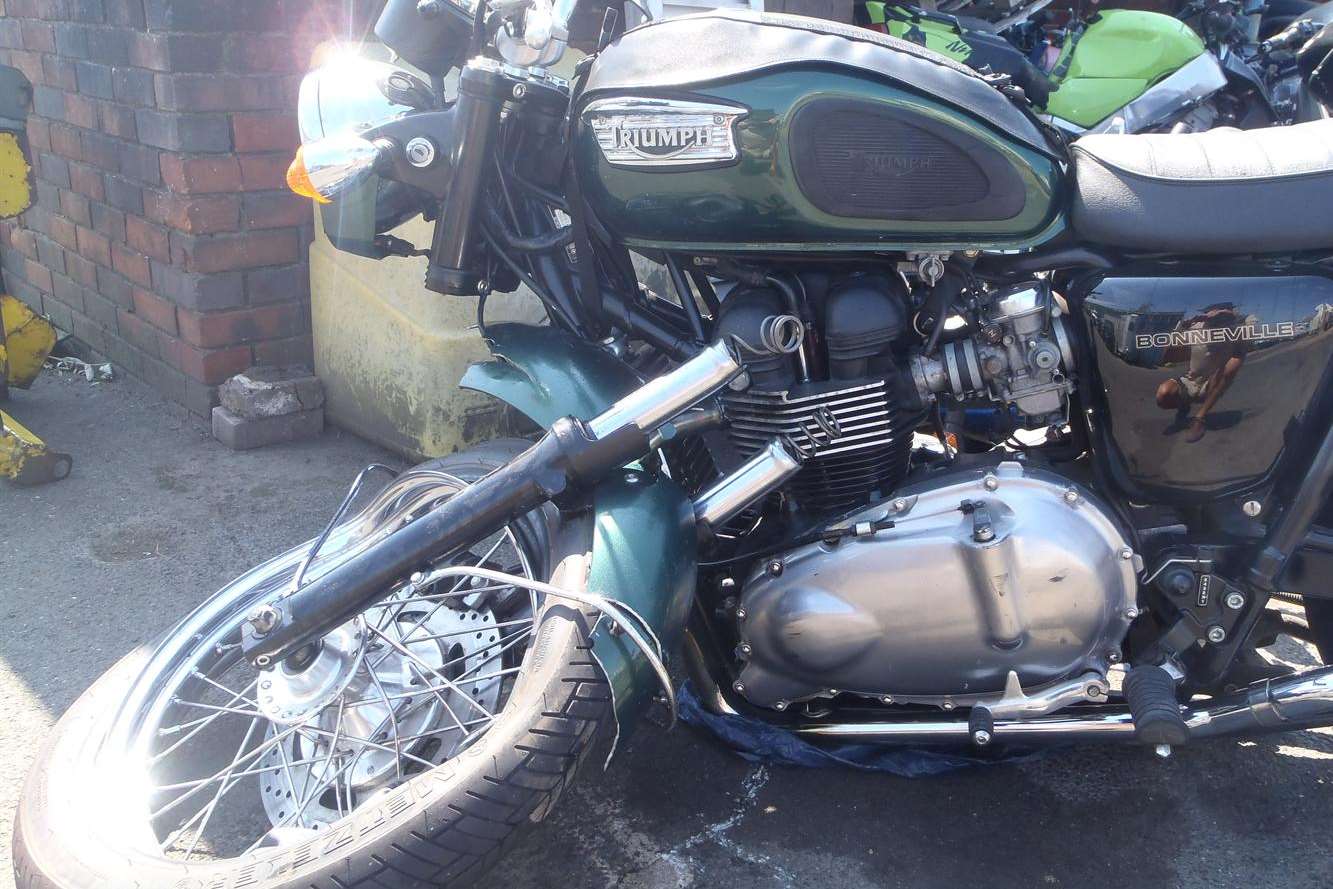 Pensioner Vernon Reeve's damaged Triumph motorcycle