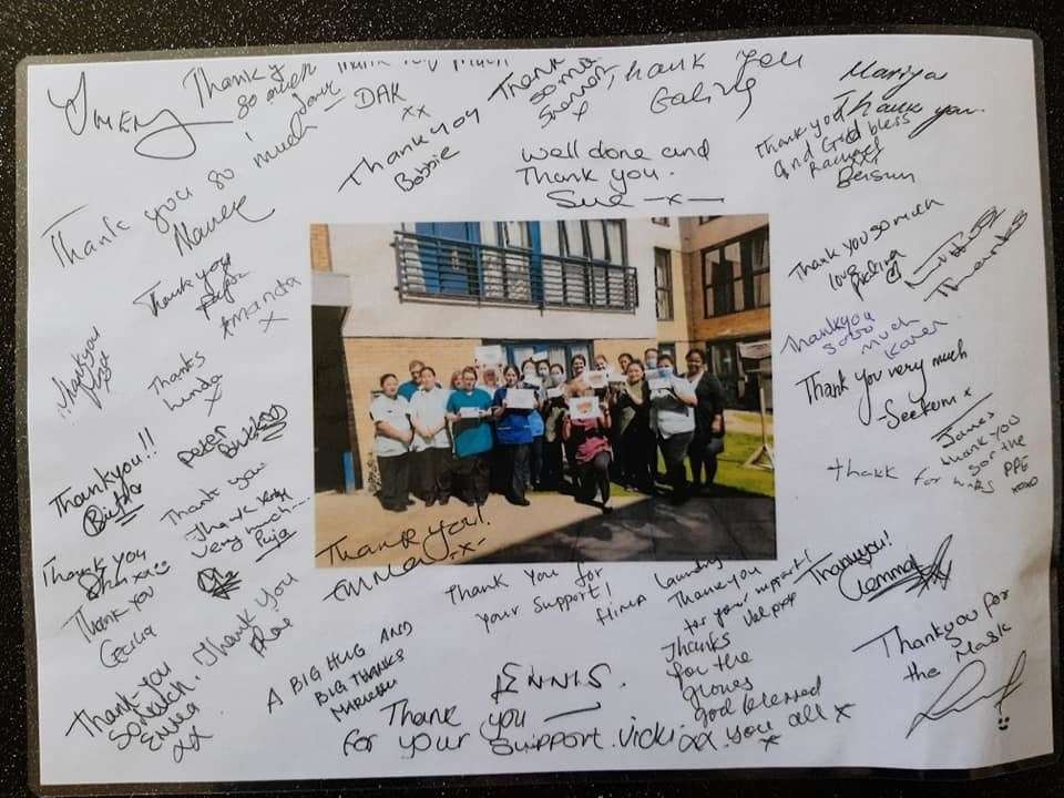 A thank you note from the William Harvey Hospital who recieved many of the groups donations