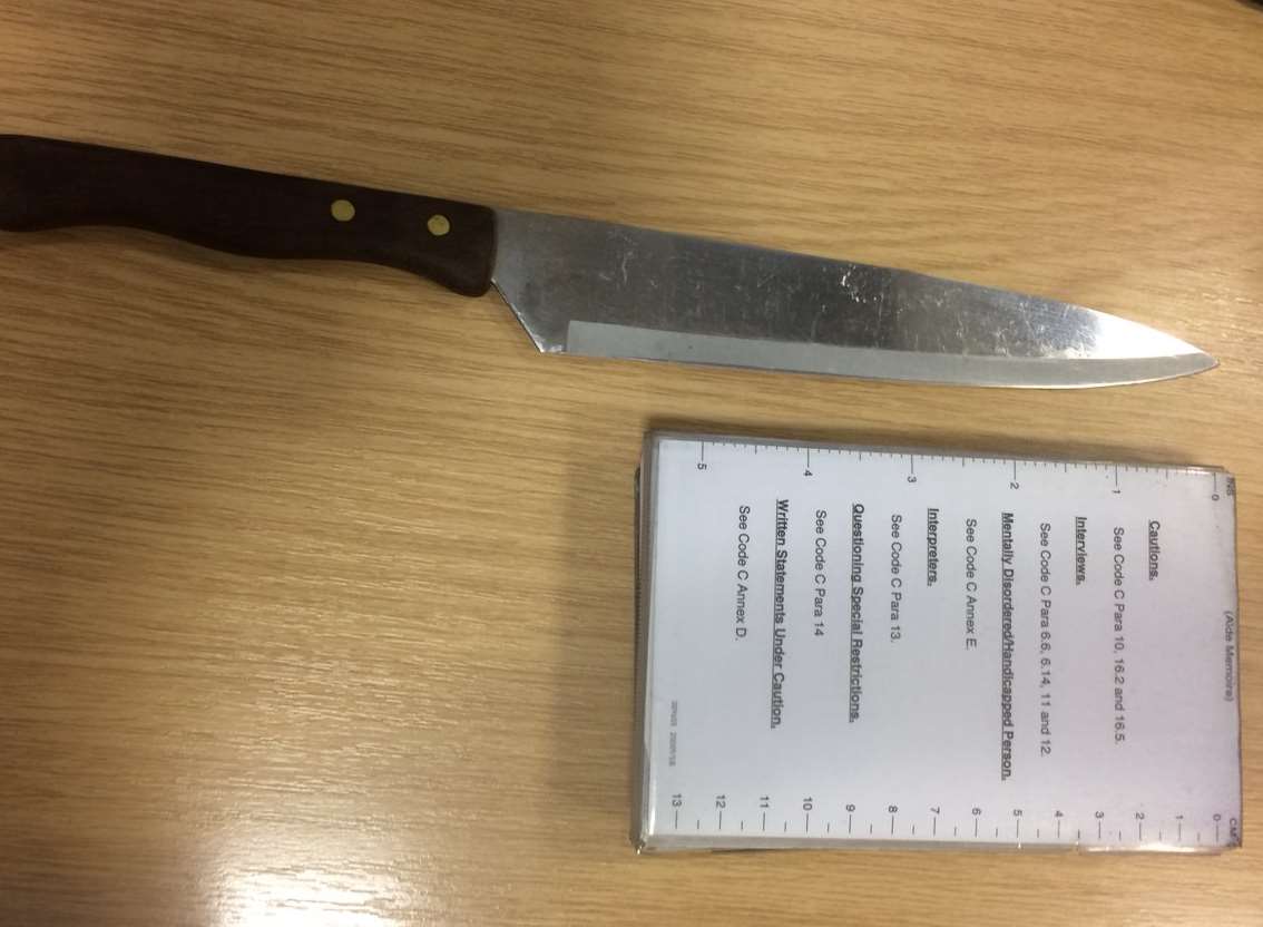 Knife seized after an alleged robbery. Image Kent Police Gravesham