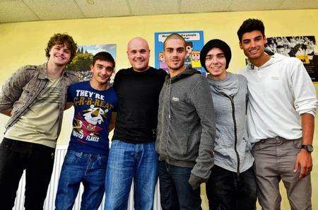 The Wanted, with kmfm presenter Andy Walker when they visited kmfm Extra at Medway House, Rochester, for an interview and to meet fans outside the KM offices.