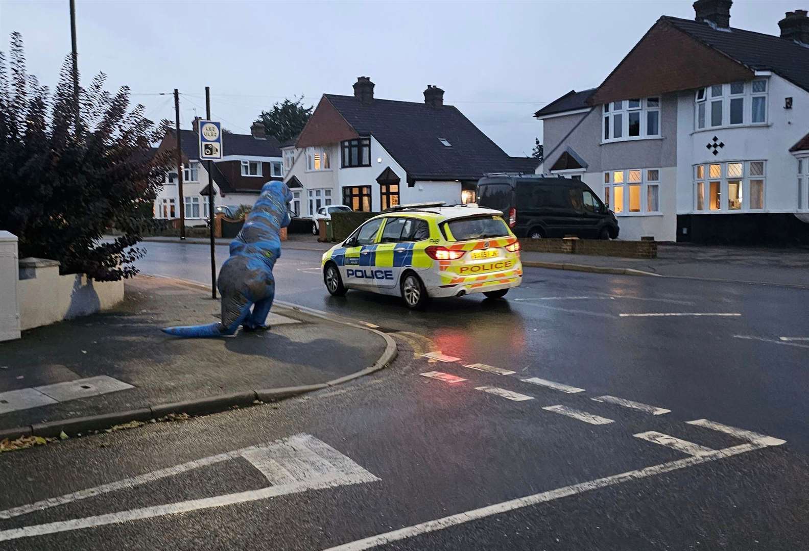 A dinosaur appears to catch the eye of police on patrol. Picture: Paul Sullivan