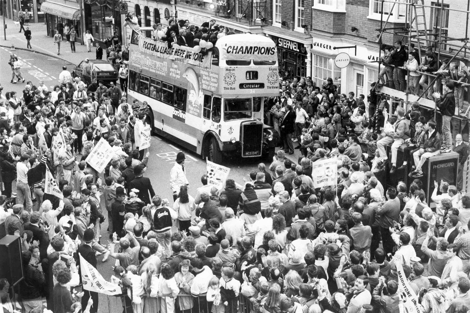 Open-top bus parade celebrating Maidstone's 1989 Conference title triumph under John Still