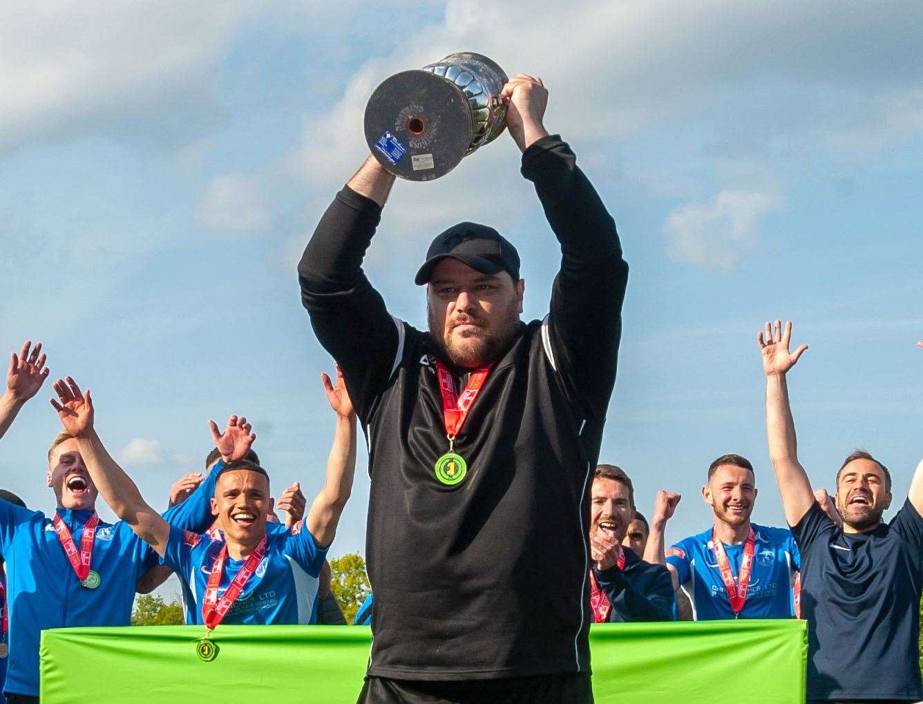 Herne Bay boss Ben Smith celebrates promotion. Picture: Ian Scammell