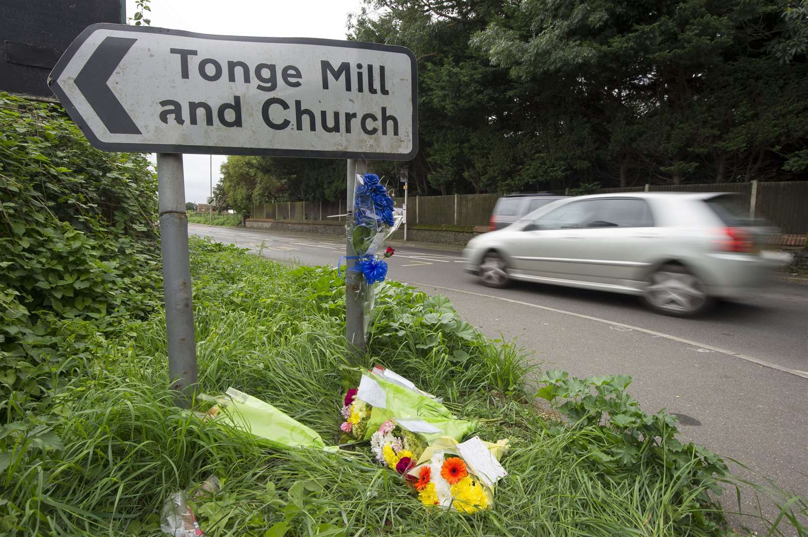 Floral tributes at the scene of a fatal accident in 2015