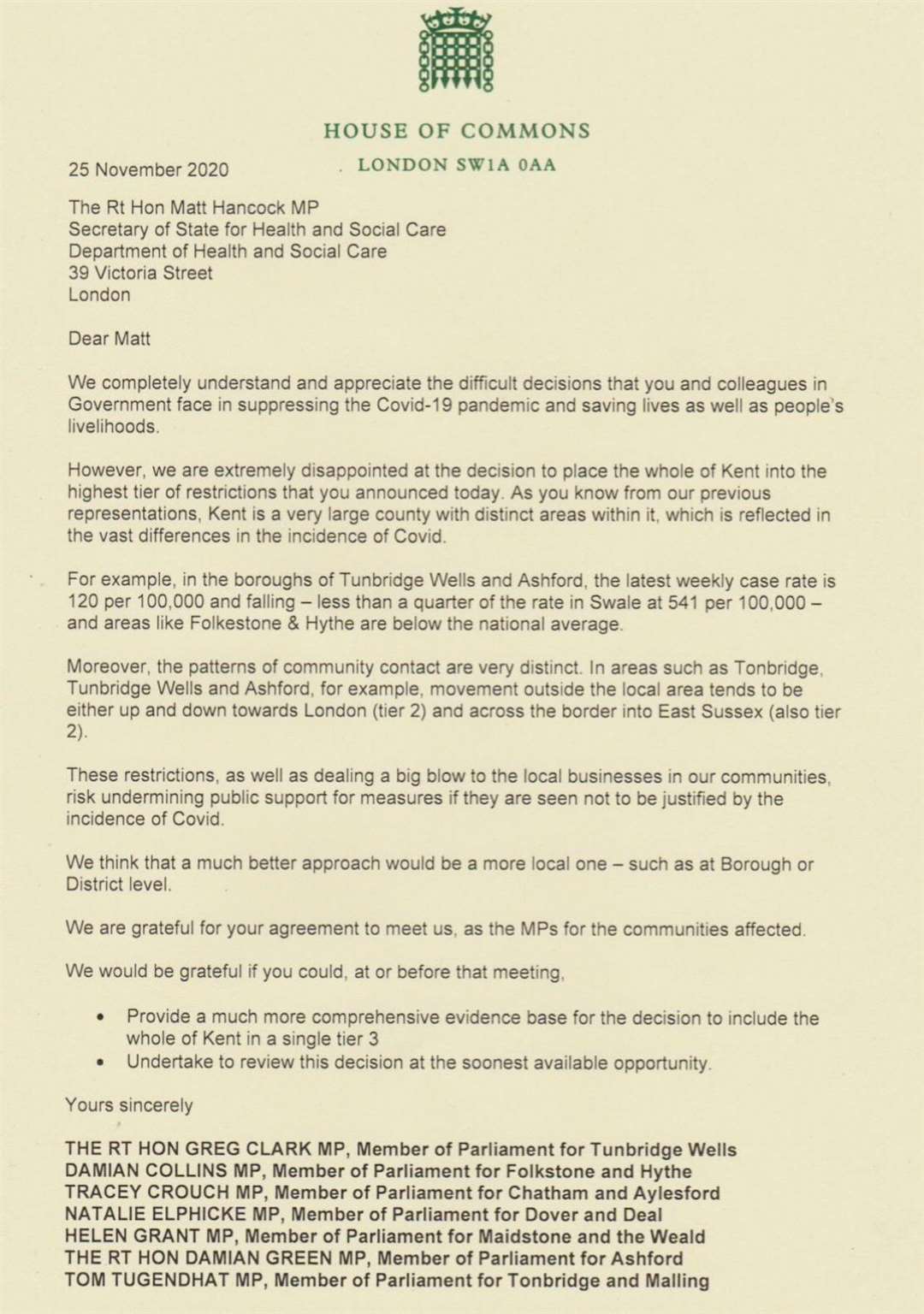 The letter Kent MPs sent to Matt Hancock