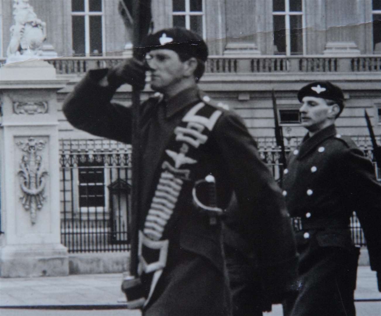 Tom Lynch, left, on parade outside Buckingham Palace when he was a Paratrooper
