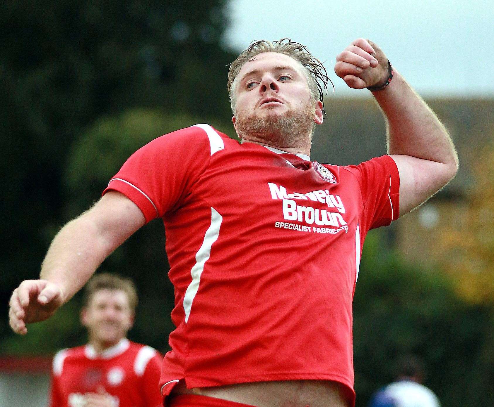 Hollands & Blair striker Harry Goodger celebrates one of his three goals Picture: Phil Lee