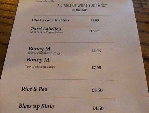 A likkle of what you fancy – each table contained a list of lite bites available at the bar